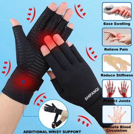 SHIFANQI Paquete de 4 guantes de compresión para artritis de cobre para mujeres y hombres, guantes de escritura para alivio del dolor de manos sin dedos para túnel carpiano, Negro, Large/X-Large
