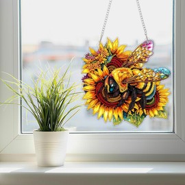 SENQAO Bee Diamond Art Hanging Kit for Adult, Special Shaped Rhinestone, DIY Acrylic 5D Diamond Art Painting Window Pendants Home Garden Wall Hanging Kits Hanging Ornament