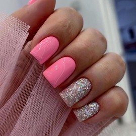 Pink Press on Nails Medium Square SWEKKE Fake Nails Full Cover Glue on Nails Sliver Glitter Glossy False Nails with Nail Glue Sick on Nails Manicure Artificial Acrylic Nails for Women Girls 24Pcs