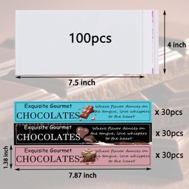 HANDMD 190Pcs Chocolate Bar Packaging Wrappers Stickers Set, 90pcs Chocolates Stickers and 100pcs 4"*7.5" Cellophane Clear Self Adhesive Bags for DIY Chocolate Lover