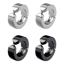 Fake Earrings, Set of 4, Black x Silver, Simple, Stylish, Non-hole, Unisex, Binaural Set, Easy to Put On Just Pinch and Stylish Hoop Earrings, Alloy Steel, Titanium Steel