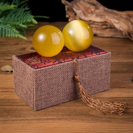 THY COLLECTIBLES Artificial Tiger Eye Crystal Gemstone Quartz Chinese Health Stress Exercise Baoding Balls (Yellow)