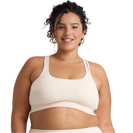 POPSUGAR Sports Bra for Women, Criss-Cross Back Padded Strappy Yoga Bra Workout Tops with Medium Support and Removable Cups Latte, Small