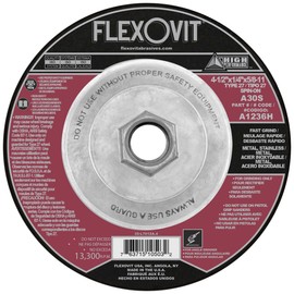 Flexovit® 4-1/2" X 1/4" X 5/8" - 11 HIGH Performance™ 30 Grit Aluminum Oxide Grain Reinforced Type 27 Spin-On Depressed Center Grinding Wheel (A1236H Pack of 10)