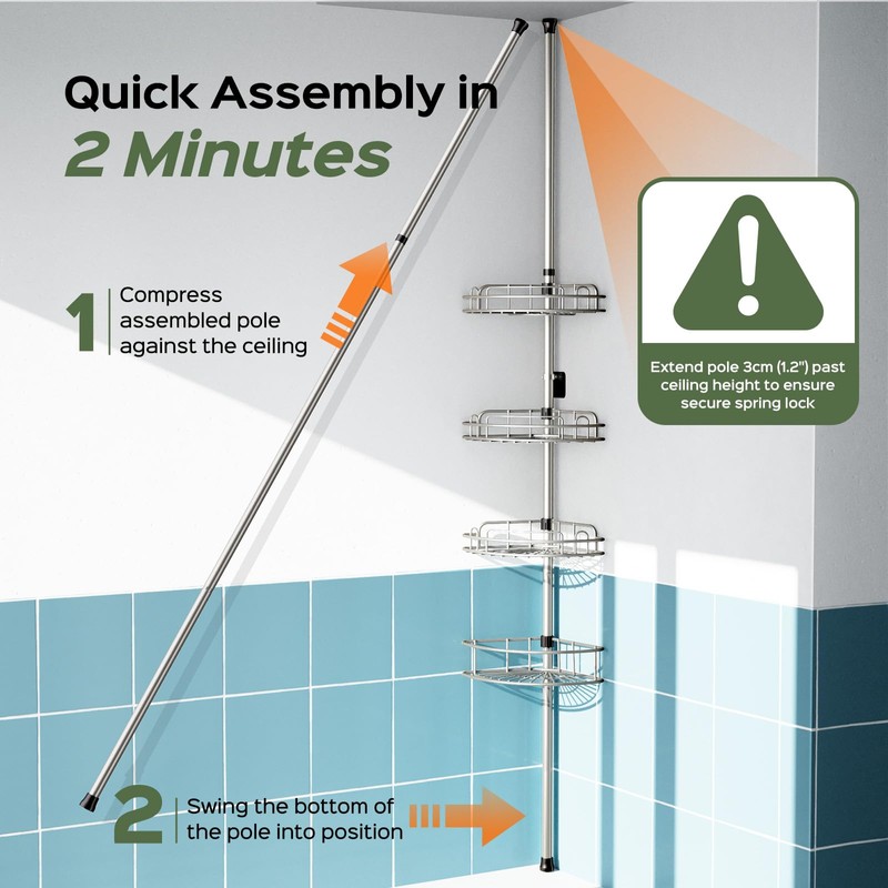HAMITOR Shower Caddy Tension Pole: 4-Tier Rustproof Bathroom Corner Shelf