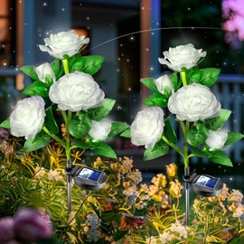 Solar Flowers Lights Outdoor Waterproof Decor,2 Pack 10 White Roses Garden Lights for Yard Grave Cemetery Flower Bed Patio Decorations Outside,Mothers Day Birthday Gifts for Women (White)