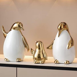 Tuioyoc Set of 3 Ceramic Statues Aesthetic Abstract Penguins Sculpture Cute Modern Home Decor Decorative Statue for Living Room, Bedroom, Office, Table Centerpiece (White Gold)