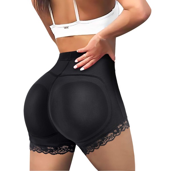 LODAY Womens Butt Lifter Padded Lace Panties Seamless Hip Enahncer Body Shaper Boyshort Underwear (BLACK, L)