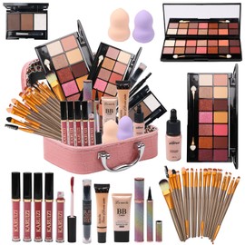 MTDXILTAI All in One Makeup Kit for Makeup storage bag 2X14 Colors Eyeshadow Palette Liquid Foundation Eyeliner Pencils Contouring Stick 20Pcs Make up Brushes For Women Girls Teens (Pink)