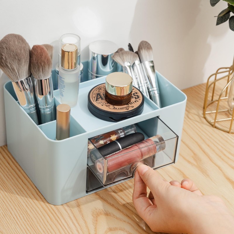 RISEMART Desk Organiser with 2 Drawers (Blue Double Layer)