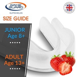 GAME GUARD Boil & Bite Flavoured Mouth Guard/Gum Shield – Mouldable Mouthguard/gumshields - Junior/Kids/Childrens/Youth - CE Approved, School Sports, Rugby, Hockey (Strawberry Flavour - Clear)