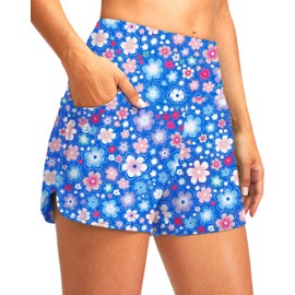 G Gradual - Pantalones cortos de natación de cintura alta para mujer, de 3 pulgadas, con bolsillos, secado rápido, traje de baño para mujer, con forro, Sun Flower, M