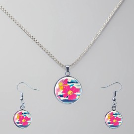 Unbranded Retro Pink & Blue Flower Jewelry Set – 20" Stainless Steel Necklace &  Earrings