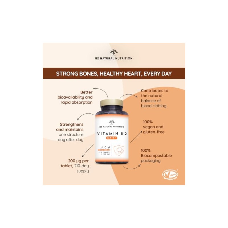 Natural Vitamin K2 Mk7 Capsules, High Concentration 200µg. for Hear,