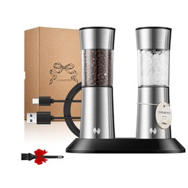 Electric Salt and Pepper Grinder Set, Gravity Operated, USB-C Rechargeable & Charging Base, Stainless Steel, Dual LED Guiding Lights, Comfortable Grip, Adjustable Coarseness, Perfect for Kitchen