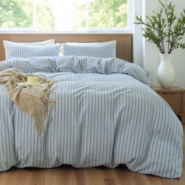 XINMIANFANG Striped Duvet Cover Set Full Size 100% Washed Cotton Linen Feel Natural Wrinkle Comfy Lightweight Bedding Set (Full, Double Stripe-Blue/White)