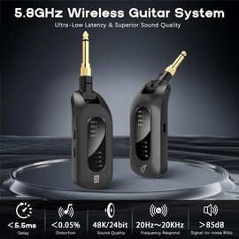 5.8GHz Wireless Guitar Audio System - Rechargeable Transmitter and Receiver with 4 Channels, Low Latency and Over 164ft Long Range Transmission, Compatible Guitar Bass Electric Instruments