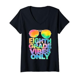 Womens Eighth Grade Vibes Only Sunglasses Back To School Tie Dye V-Neck T-Shirt