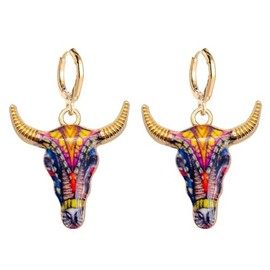QLUYCKW Western Cowgirl Earrings Bohemia Colored Enamel Animal Bull Cow Herd Head Flowers Charm Cow Head Dangle Drop Earrings Ethnic Vintage Jewelry for Women Gift (002)