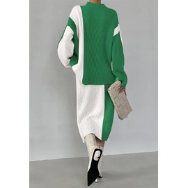 Pink Queen Women's Fashion Spring 2 Piece Outfits Mock Neck Oversized Sweater Pullover Tops High Waisted Skirt Set Knit Ribbed Stretchable Pencil Long Dress Set Green S