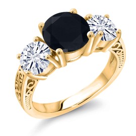 Gem Stone King 18K Yellow Gold Plated Silver Black Onyx and White Moissanite Engagement Ring For Women | 3.25 Cttw | Round 8MM | Gemstone December Birthstone | Size 6