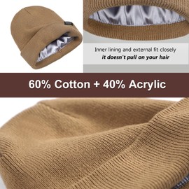 Satin Lined Winter Beanie Hats for Women Unisex Cotton Knitted Cuffed Knit Hat with Silky Lining Slouchy Skull Cap Khaki