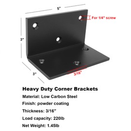 heneng 2 Pcs L Shaped Right Angle Brackets, 3" x 5" x 3", 90 Degree Corner Brace for Wood Furniture, Shelf & Pergolas, Max Load 220 lbs, 3/16" Thick