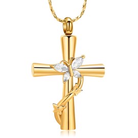 QGJNSGC Butterfly Cross Urn Necklace for Ashes Crystal Butterfly Cremation Jewelry Ashes Pendant for Women Men Memorial Keepsake Jewelry for Human shes of Loved Ones (Gold&White)