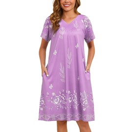 Marvmys Womens Nightgown Short Sleeve House Dress with Pockets Floral Print Mumu Dress Lilac Floral 3XL