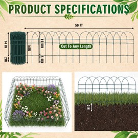 Roowest 16" x 50' Green Garden Border Fence, Metal Wire Folding Fence Roll for Outdoor Yard, Patio & Flower Bed Edging, No-dig Animal Barrier, Rustproof Decorative Landscape Fencing