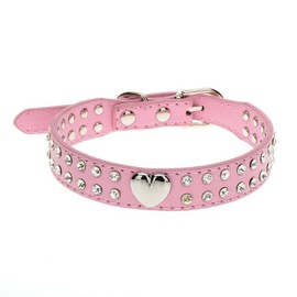 Ewanda store Cute 2 Rows Rhinestone Bling Heart Studded Leather Dog Leash Dog Collar for Small or Medium Dog Pet,Pink,Medium