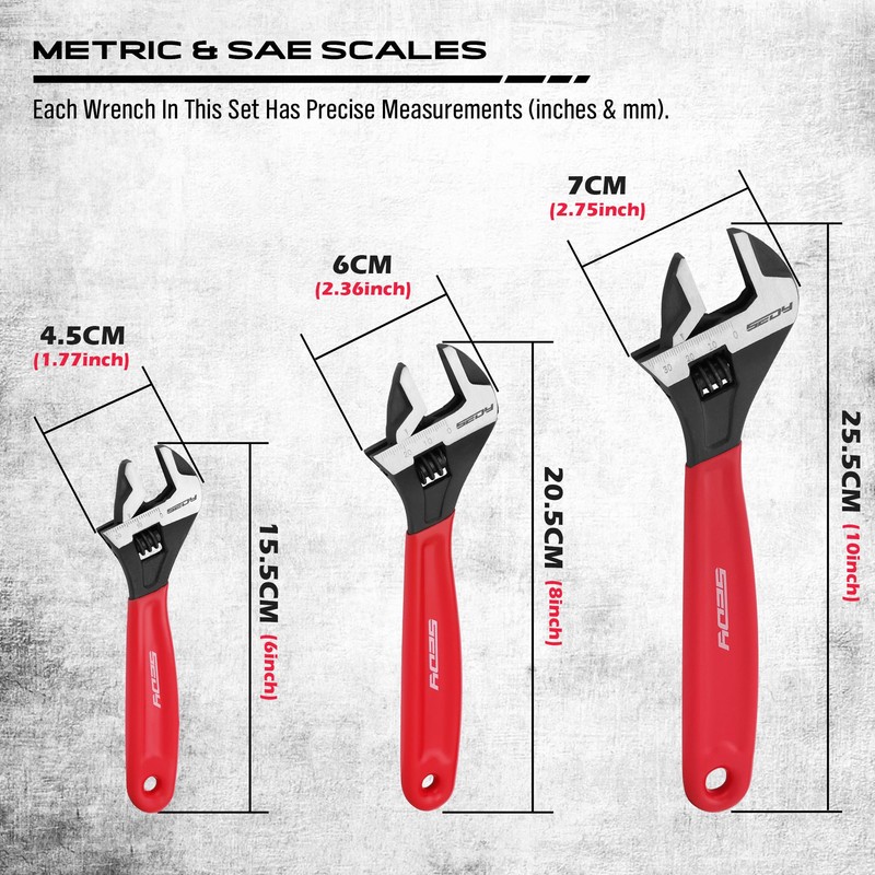 Adjustable Wrench Set Pipe Spanner: 6" 8" 10" Wide Jaw
