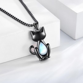 DAYLINLOVE Moonstone Cat Necklace For Women S925 Sterling Silver Black Cat Pendant Necklace Cat Jewelry Gifts For Women Cat Lovers