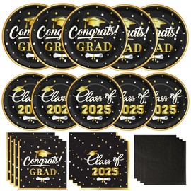 KTCNMER 200 Pcs Graudtion Plates and Napkins 2025 with Gold Foil Graduation Party Supplies Black and Gold Plates and Napkis Luncheon Napkins Cocktail Napkins for Congrats Grad Party Decorations
