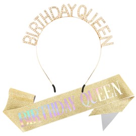 Glitter Gold Rhinestone Headband and Sash Set - Women's Princess Crown, Tiara, and Happy Birthday Decor