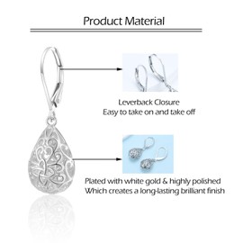 Silver Filigree Drop Earrings for Women, Vintage Hollow Dangle Earrings, Hypoallergenic Teardrop Leverback Earring Jewellery Gifts