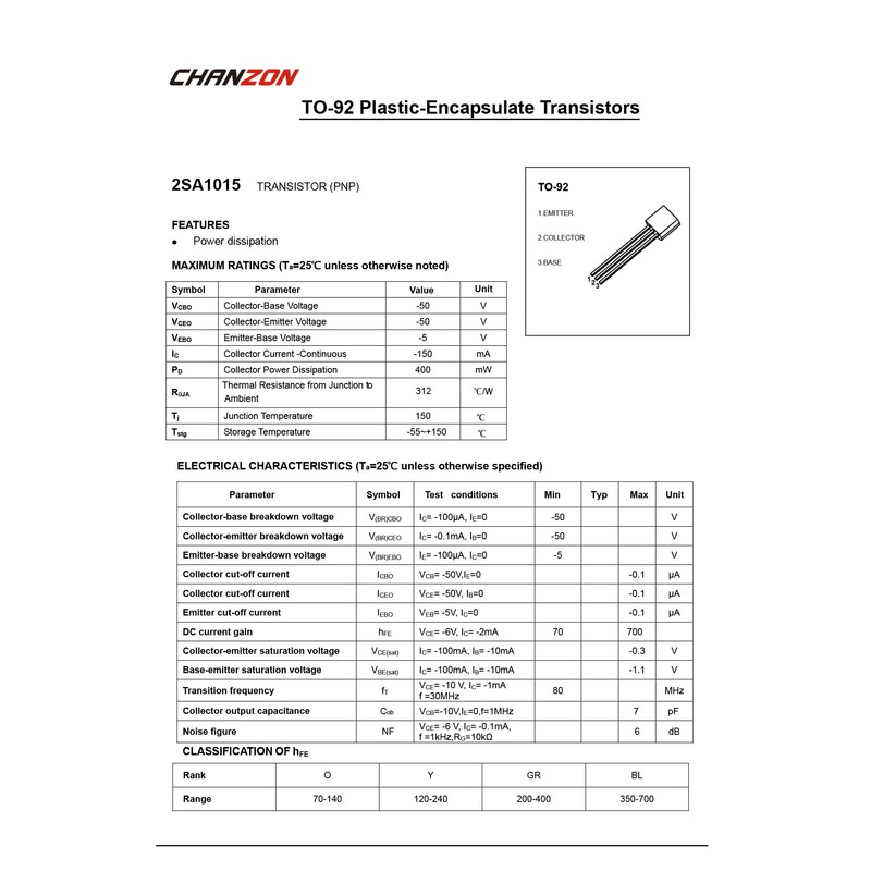 Chanzon 100pcs 2SA1015 TO-92 PNP Transistor -150mA