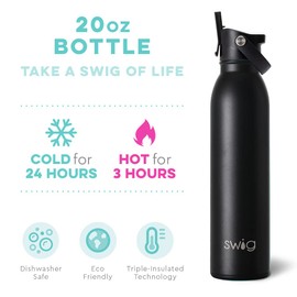 Swig Life 20oz Insulated Water Bottle with Straw & Flip + Sip Handle | Leak Proof, Dishwasher Safe, Cup Holder Friendly, Stainless Steel Water Bottle in Matte Black