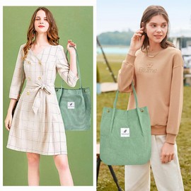 FITDON Women's Corduroy Shoulder Bag, Large Shoulder Bag, Canvas Bag, Tote Handbag for Everyday, Office, School Trips and Shopping - Light Green