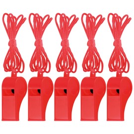 Zuazaor 5 Pcs Loud Plastic Emergency Whistle with Lanyard for Outdoor Activities, Coach Trainning Whistles Party Whistles for School Sports and Kids Parties Gift Boxes Fillers (red)