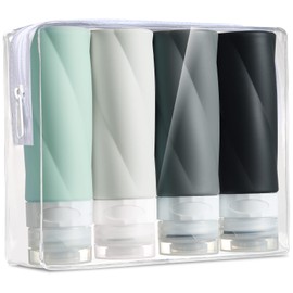 Gemice Botellas de viaje para artículos de cambiador, contenedores de tamaño de viaje aprobados por la TSA, sin BPA, a prueba de fugas, accesorios de viaje recargables líquidos con bolsa de aseo transparente (paquete de 4)