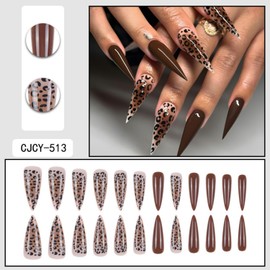 Press on Nails Long Stiletto Fake Nails with Brown Leopard Print Charm Designs Stick on Nails for Women 24 Pcs (Brown-9, L-9)