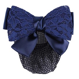 QHP Hair Net Hair Clip Lace Fine Mesh Net with Double Bow Made of Satin and Lace (Navy)