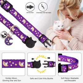 2PCS Breakaway Cats Collars with Bell Moons Stars Adjustable Kitten Collars with Pendant Glow in The Dark