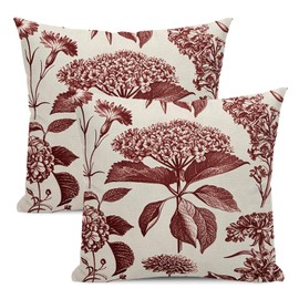 Yxuiyal Floral Pillow Covers 18x18 Set of 2 Vintage Burgundy Red Hydrangea Herb Botanical Throw Pillow Cover Outdoor Decoration Boho Flower Pillowcase Farmhouse Decorative Cushion Case for Sofa Couch