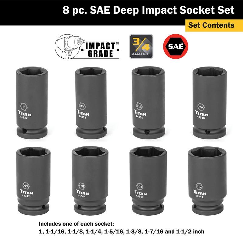 Titan 44300 8-Piece 3/4-Inch Drive SAE Deep Impact Socket Set