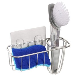HULISEN Sponge Holder + Dish Brush Holder, 3-in-1 Kitchen Sink Caddy, 18/8 Stainless Steel Rust Proof Water Proof, Adhesive Installation No Drilling 【Not Including Sponge and Brush】
