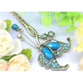 Miaomyao Hair Ornament, Japanese Style Antique CZ Diamond, Bijou Pair, Couple, Butterfly, Flower, Butterfly, Motif, Dullness, Gold, Hair Accessory (Blue)