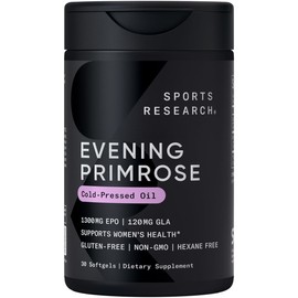 Sports Research Evening Primrose Supplement from Cold Pressed Oil - Softgels for Women’s Health & Skin Health - Gluten Free & Non-GMO GLA - High Potency 1300mg, 30 Count