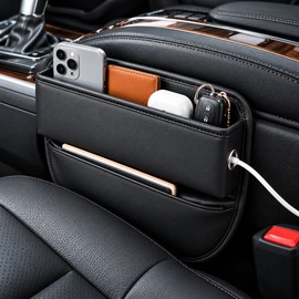 Car Seat Gap Organizer for Phones & Small Essentials – Black PU Leather Storage Pocket with Charging Cable Hole for Front Seat Organization